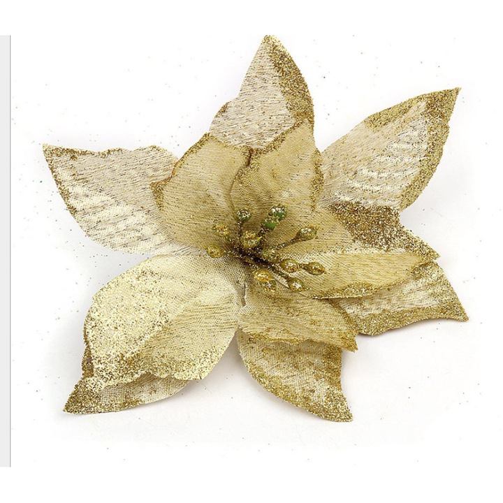 Set 12 Flori Artificiale Poinsettia cu Sclipici, Decor Craciun, Auriu, 13cm