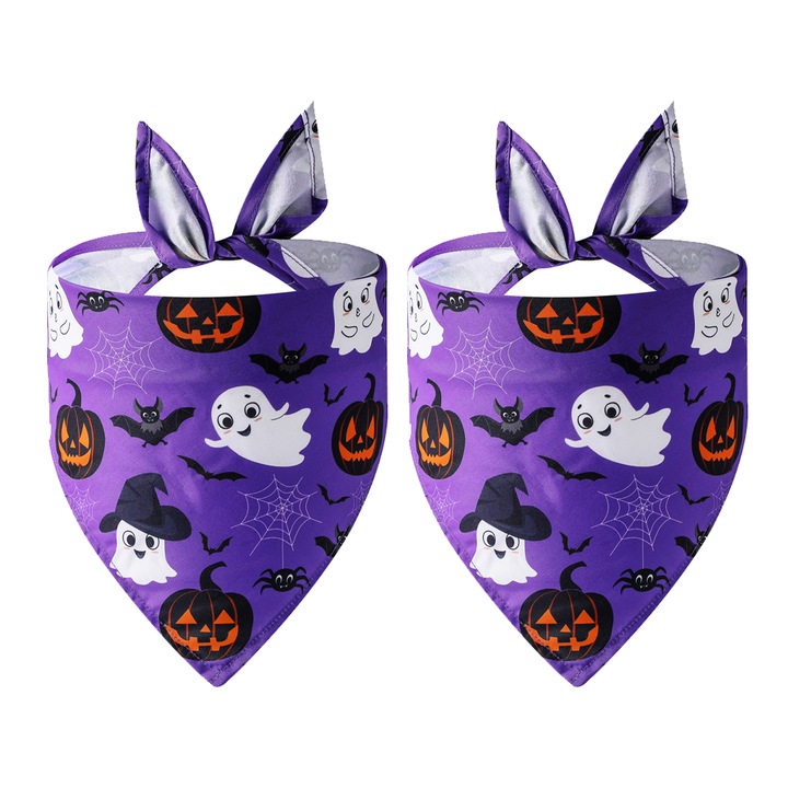 Bandane pentru caini de Halloween, pachet de 2, esarfa triunghiulara reversibila pentru animale de companie de toamna, material rezistent, croiala reglabila, forma 6