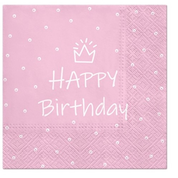 Комплект 20 салфетки за маса, Лапа, Модел Happy Birthday, Хартия, 3 слоя, 33 х 33 см, Розови