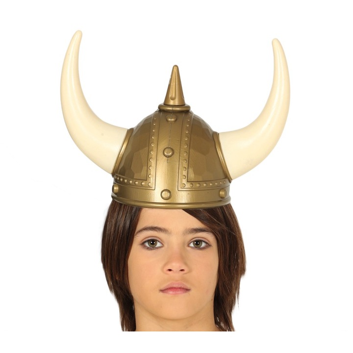 Casca viking cu coarne pentru copii, Guirca, Auriu/Alb, plastic