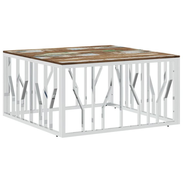 Маса за кафе vidaXL, Неръждаема стомана и регенерирано дърво масив, 80 x 80 x 40 см, 16.56 Kg