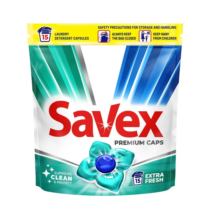 Detergent de rufe capsule Savex Super Caps, curatare puternica, Extra fresh, 15 bucati