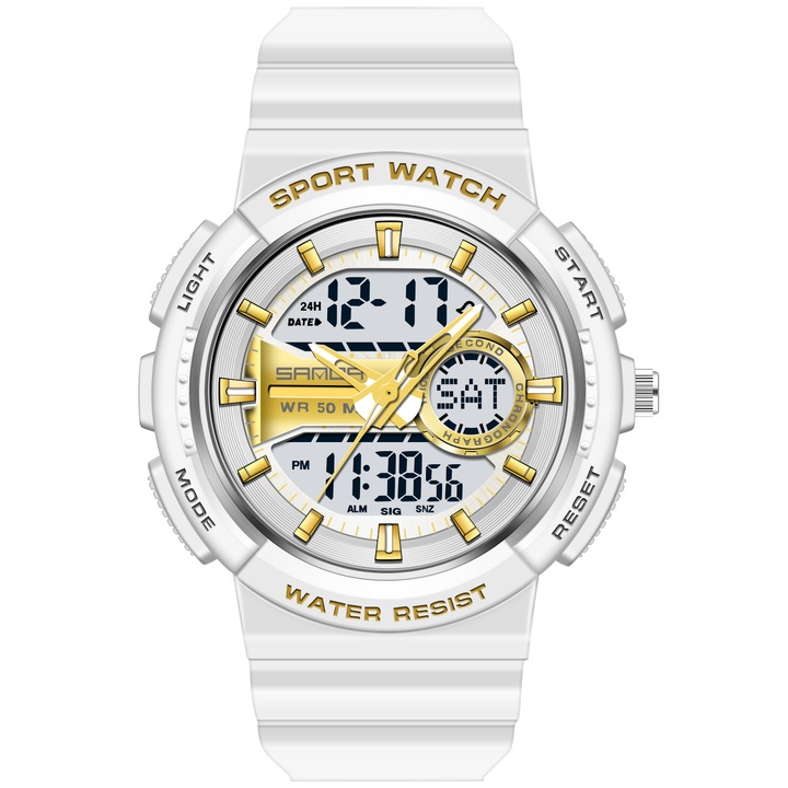 Sanda SHoXiT gyermekóra, Dupla idő, Chronograph, Fehér/ Arany