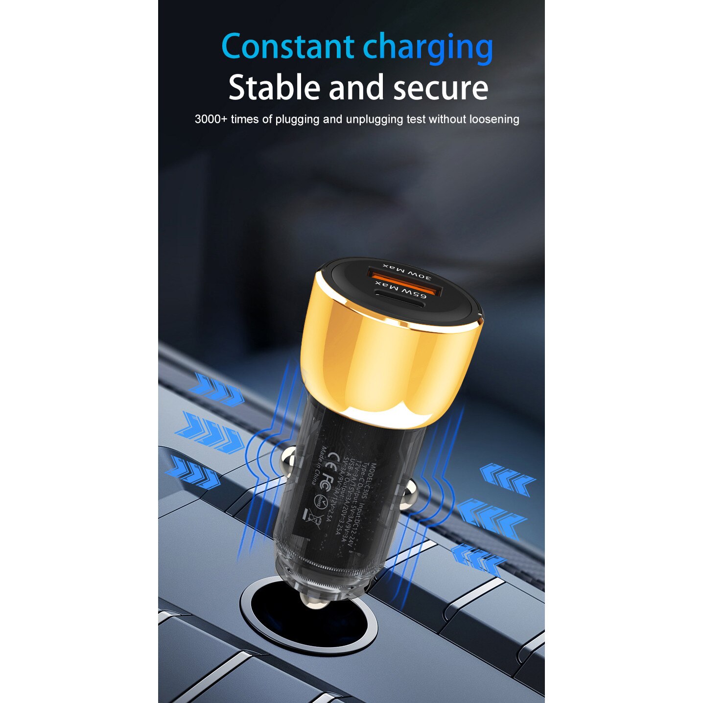 Зарядно за кола 95W, USB Type C PD 65W + USB-A QC3.0 30W, бързо ...