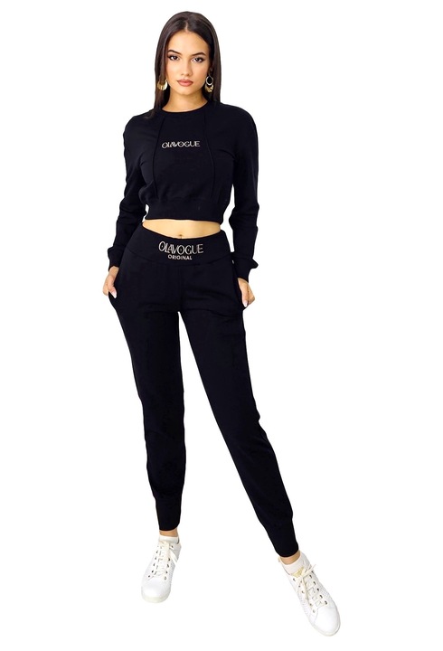Compleu casual, OlaVogue, pantaloni cu buzunare si bluza crop, Negru