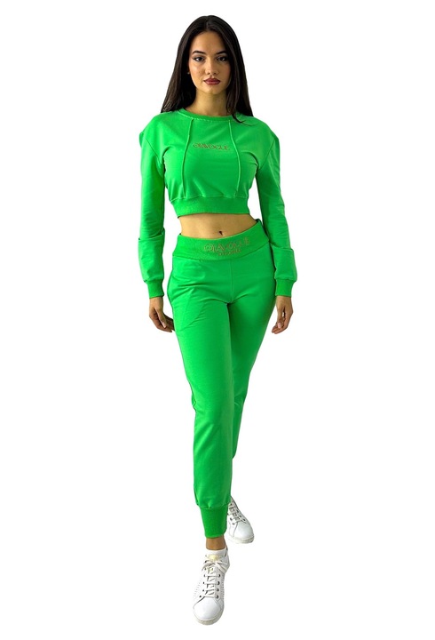 Compleu casual, OlaVogue, pantaloni cu buzunare si bluza crop, Verde