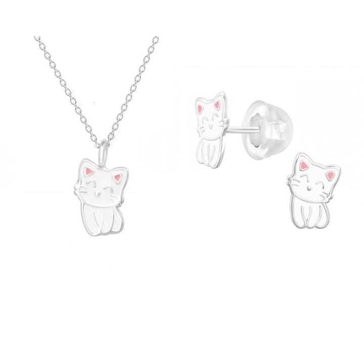 Set argint 925 pentru copii Pisicuta Miau Boutique 23, colier si cercei, cutie bijuterii, argintiu