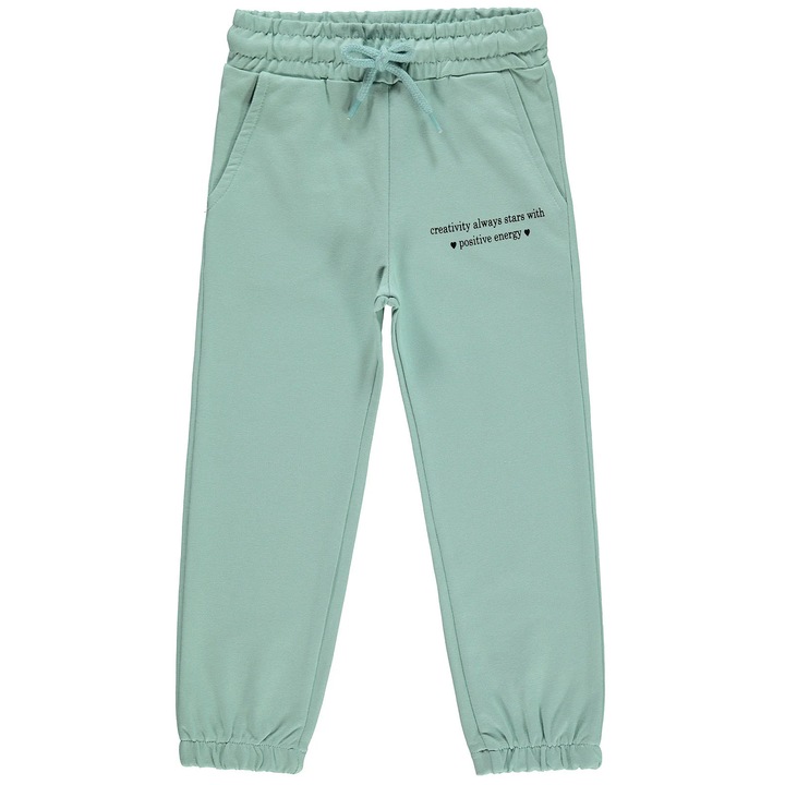 Pantaloni TRACK GREY uni pentru copii/fetite, ERAKIDS, sport, snur de ajustare, detaliu text, bumbac/elastan, Verde menta