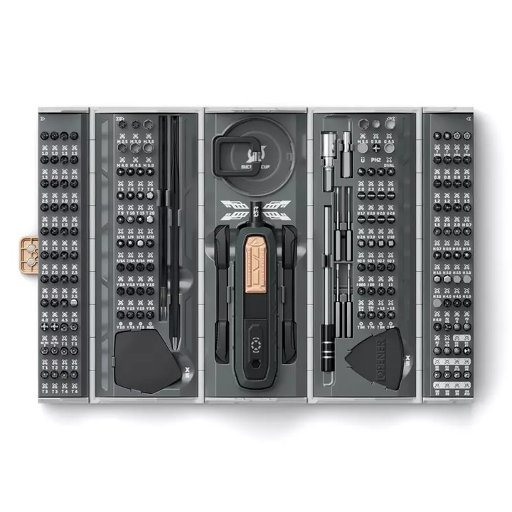 Комплект прецизни отвертки, 180 в 1, стоманени накрайници, магнит, телескопичен удължителен прът, с вендуза, ергономичен, неръждаема стомана, сив