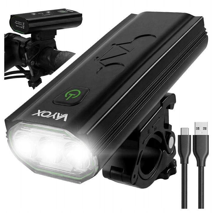 Lanterna far bicicleta Vayox VA0112, din aluminiu, sursa 3x XLM1 6500K, acumulator reincarcabil 4000 mAh, functia Powerbank, indicator baterie, incarcare USB-C, rezistenta la apa, 980 lumeni, Negru