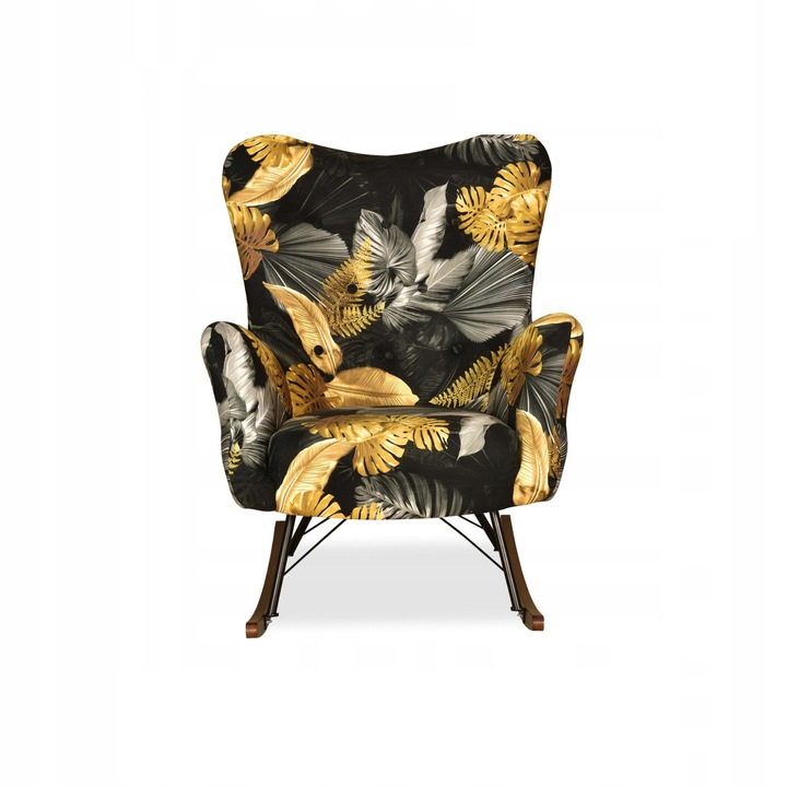 Luna Print hintafotel, skandináv, családi bútor, 100x78x87 cm, bársony/fa, virágmintás, arany/fekete