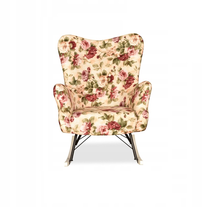 Fotoliu Balansoar Luna Print, Scandinav, Family Meble, 100x78x87 cm, Catifea/Lemn, model floral, Crem/Roz