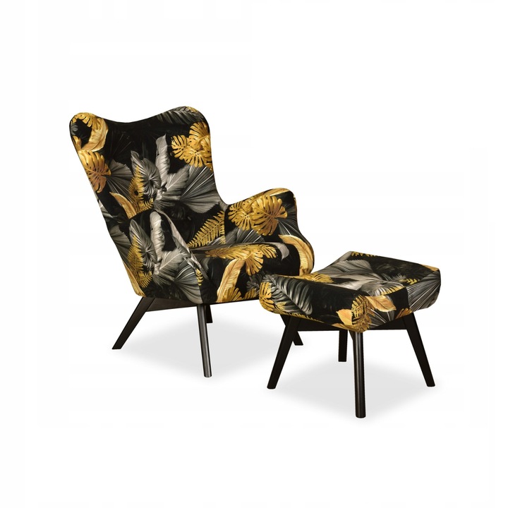 Fotoliu cu suport picioare Luna Print, Scandinav, Family Meble, 100x78x87 cm, Catifea/Lemn, model floral, Auriu/Negru