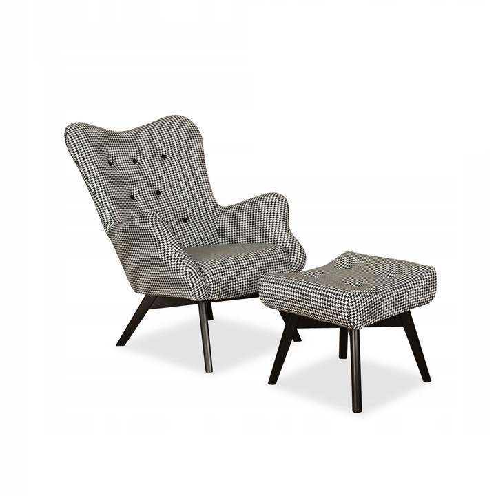 Fotoliu cu suport picioare Luna Print, Scandinav, Family Meble, 100x78x87 cm, Catifea/Lemn, in carouri, Negru/Alb