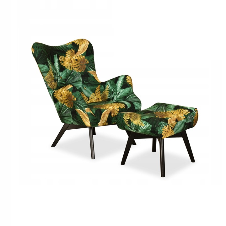 Fotel lábtartóval Luna Print, skandináv, családi bútor, 100x78x87 cm, bársony/fa, virágmintás, zöld/sárga