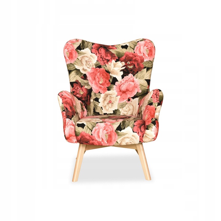 Fotoliu Luna Print, Scandinav, Family Meble, 100x78x87 cm, Catifea/Lemn, model floral, Roz/Bej