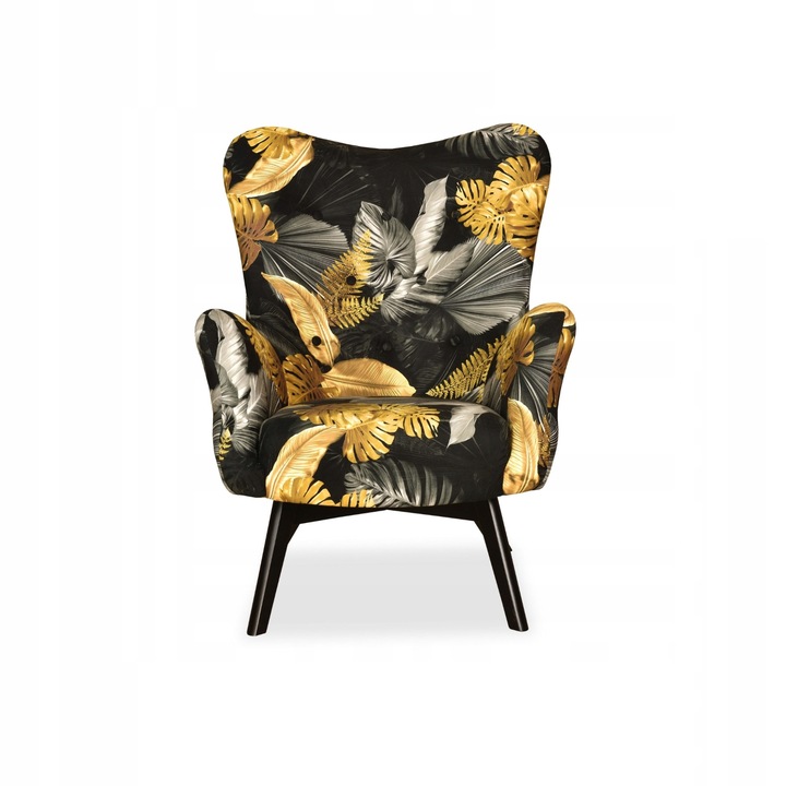 Fotoliu Luna Print, Scandinav, Family Meble, 100x78x87 cm, Catifea/Lemn, model floral, Auriu/Negru