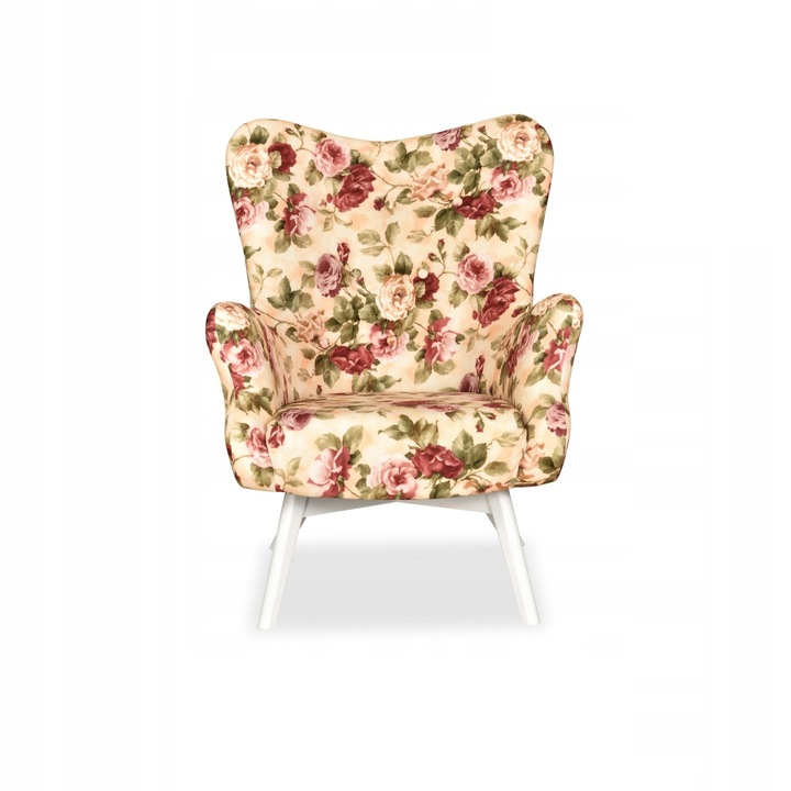 Fotoliu Luna Print, Scandinav, Family Meble, 100x78x87 cm, Catifea/Lemn, model floral, Crem/Roz