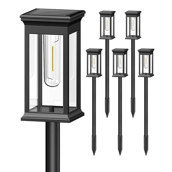 Pachet 6 lampi solare LED de exterior, 15 lm, 0.3W, 800mAh, Autonomie 12h, Sticla/ABS, IP65, 55cm, Negru