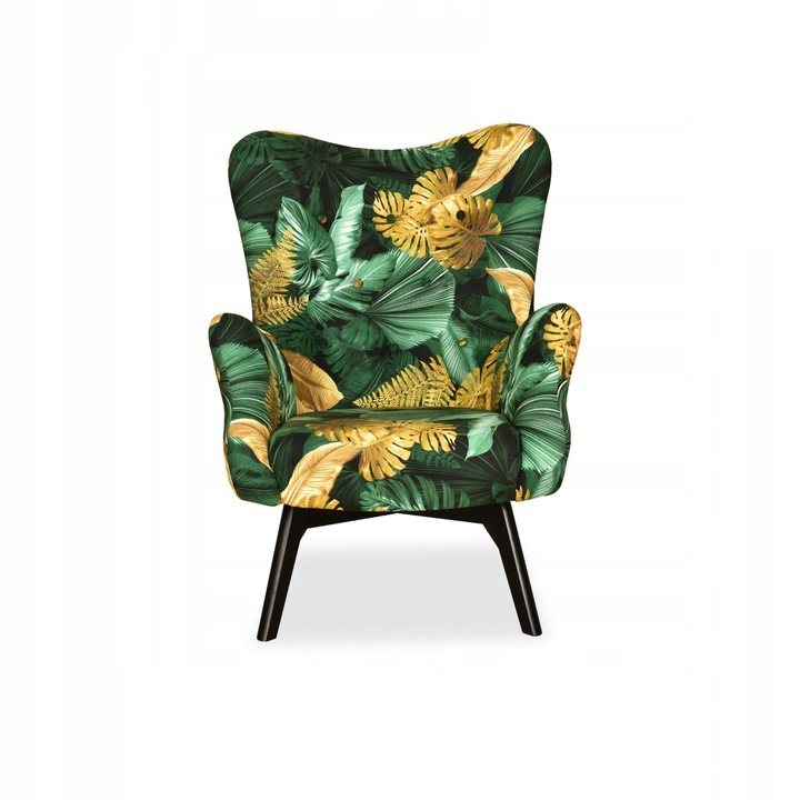 Luna Print fotel, skandináv, családi bútor, 100x78x87 cm, bársony/fa, virágmintás, zöld/sárga