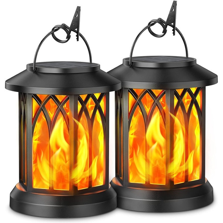 Set 2 lampa solare suspendate, flacari palpaitoare, pentru gradina, balcon, Inox/ABS, IP65, Negru