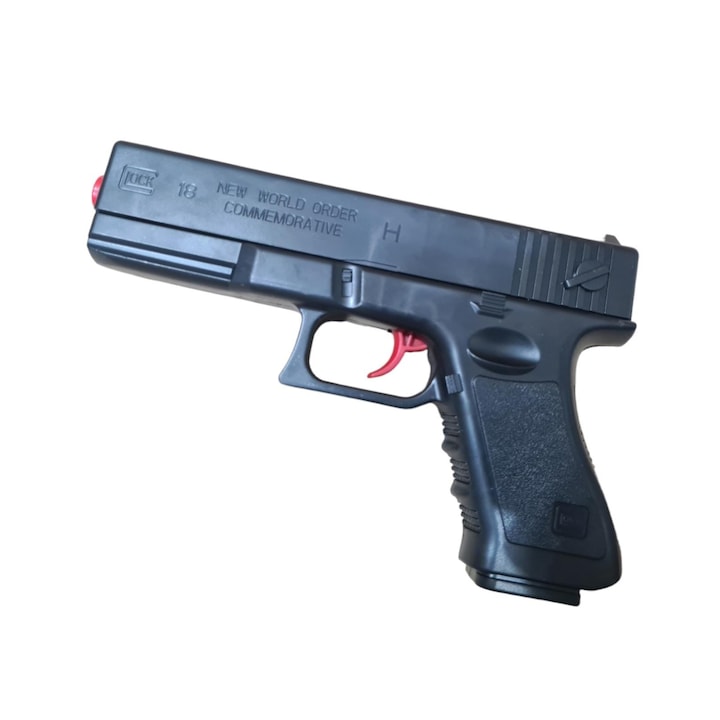 Pistol de jucarie tip Glock 18, incarcare manuala, 18 cm, 3 gloante moi din spuma cu ventuza, bile de gel orbeez si bile flexibile de silicon, culoare Negru lucios