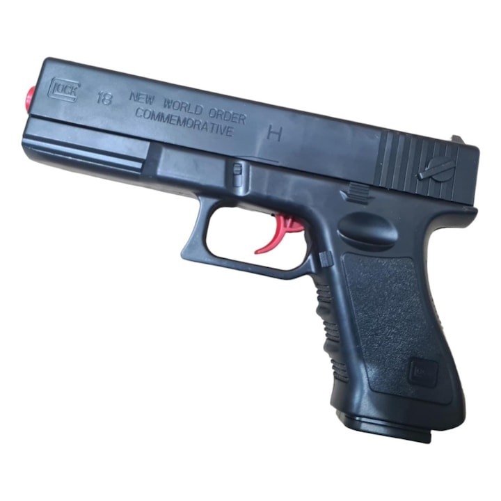 Pistol de jucarie tip Glock 18, incarcare manuala, 18 cm, 3 gloante moi din spuma cu ventuza, bile de gel orbeez si bile flexibile de silicon, culoare Negru lucios