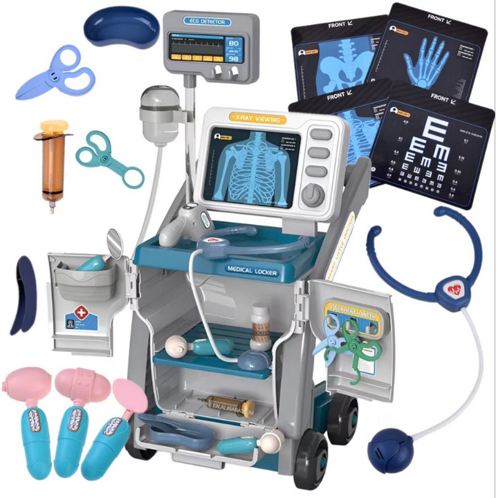 Jucarie de rol Carucior medical SOLTOY® Medical Cart cu ecran portabil, stetoscop, termometru, multiple accesorii si instrumente medicale