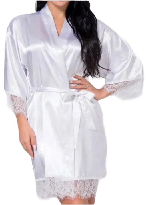 Halat dama satin, StarFashion, cu maneca trei sferturi si cordon, cu aplicatii din dantela, Alb