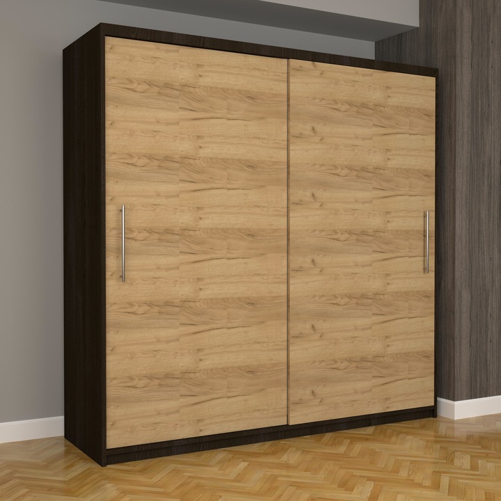 Dulap Dormitor Stefan Eco 200 cm x 200 cm x 61 cm, fara oglinda, wenge cu usi glisante oak craft gold