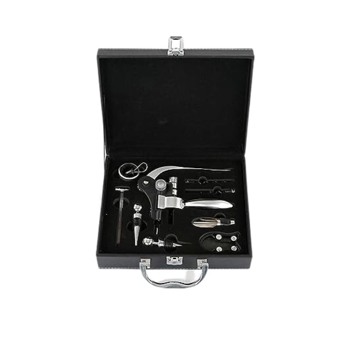 Set valiza Deluxe cu accesorii de vin, Mindblower, 9 piese, Dispozitiv de taiat folia, Dop si picurator, Negru