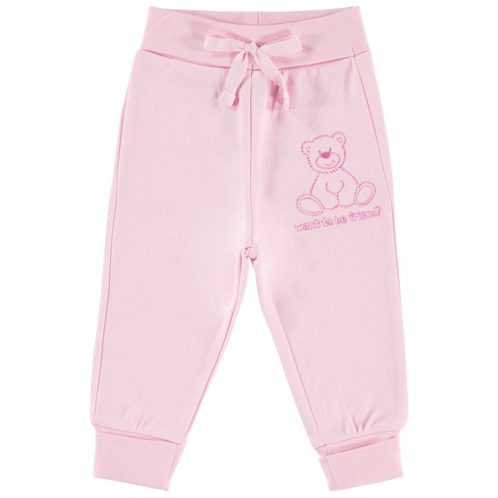 Pantaloni FRIEND BEAR uni pentru bebelusi, ERAKIDS, snur de ajustare, broderie "Friend Bear", 100% bumbac premium, Roz deschis