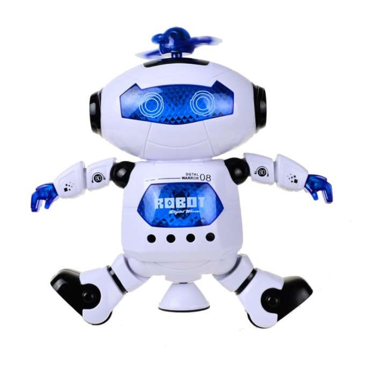 Robot Interactiv WTO®, rotire 360 grade, efecte de lumina si sunet, 25 x 20 cm, Albastru/Alb