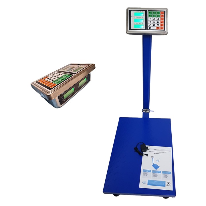 Cantar Electronic 350 kg White Deals® cu Display dublu si Acumulator, Platforma metalica din tabla striata, brat rabatabil, functie Shake