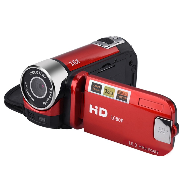 Camera video digitala, Chucai, Full HD, Zoom digital 16x, Difuzor incorporat, Rosu