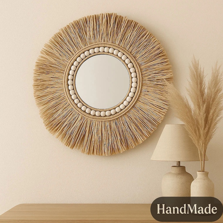 Винтидж огледало Callena кръгло, рафия, дърво, бежово, 43x43см