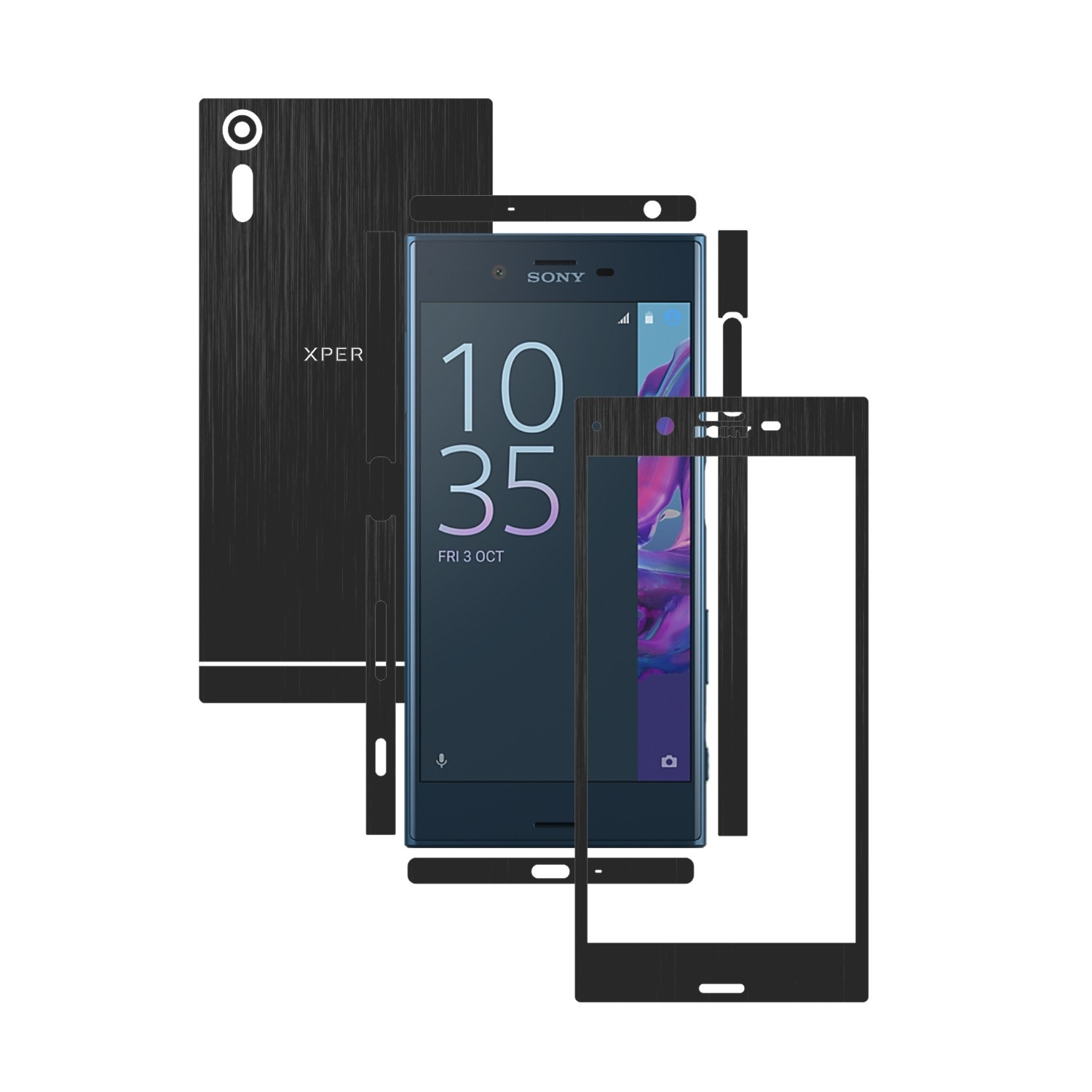 1 + 1 GRATUIT - Sony Xperia XZ - Brushed Negru - Folie de protectie Carbon Skinz, Husa Full Body Cover de tip Skin Adeziv pentru Rama Ecran,Carcasa Spate si Laterale