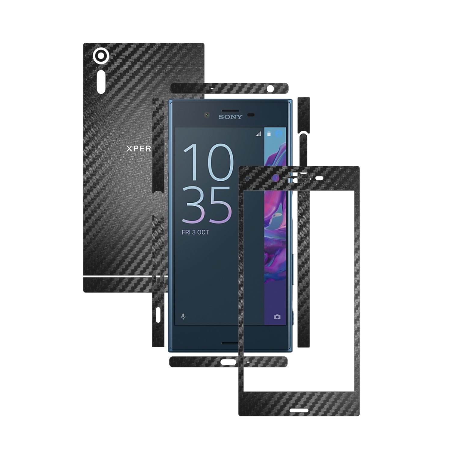 1 + 1 GRATUIT - Sony Xperia XZ - Carbon Negru - Folie de protectie Carbon Skinz, Husa Full Body Cover de tip Skin Adeziv pentru Rama Ecran,Carcasa Spate si Laterale