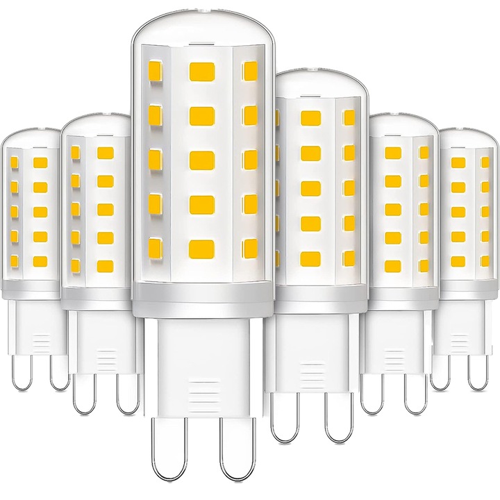 Set 6 becuri LED alb cald, Chucai, Lumina uniforma 360°, Lumina moale, Fara palpaire, Disipare usoara a caldurii, Protectie la soc electric, IP44, Putere 3W, 220V, Material Ceramic/PC, Alb/Galben