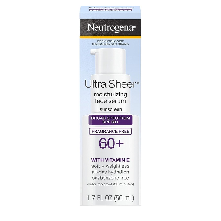 Ser de Fata, Neutrogena, Ultra Sheer Moisturizing, cu Protectie Solara, SPF 60+, impotriva UVA si UVB, cu Vitamina E, Rezistent la Apa, fara Parfum, 50ml