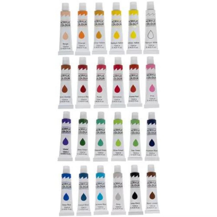 Set de Acuarele Acrilice 24 de Culori/Tuburi (12 ml), Non Toxica, Care nu se Decoloreaza, Ideal pentru Panza, Lemn, Lut, Tesatura, Materiale Ceramice pentru Artizanat, Multicolore