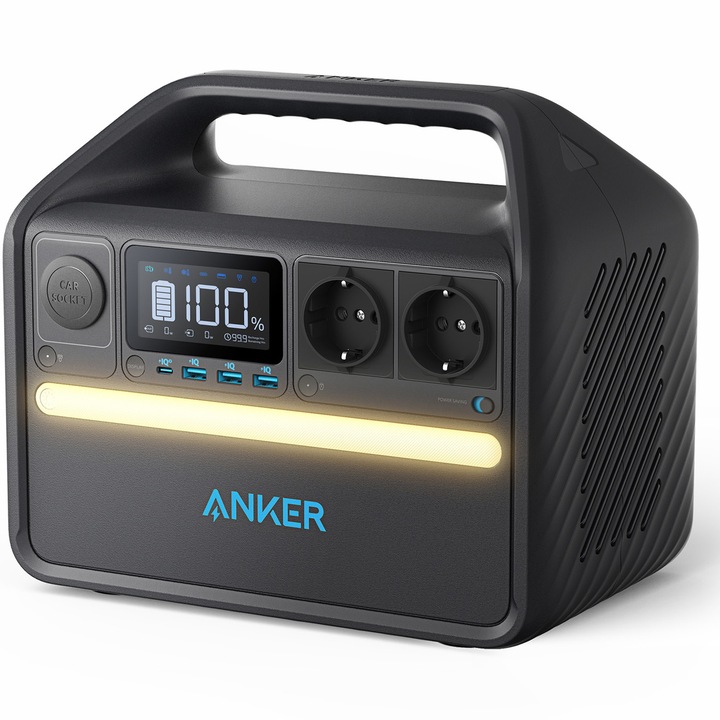 Statie de incarcare portabila Anker PowerHouse 535, 512Wh, 500W, 220V, 2x AC, 60W USB-C Power Delivery, lumina LED, 7 porturi, afisaj