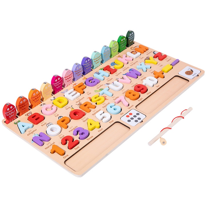 6 az 1-ben Montessori fa játékkészlet, betűkkel, számokkal, kártyás és mágneses horgászattal, MorFansi, 45x24 cm, 3 év+, Többszínű