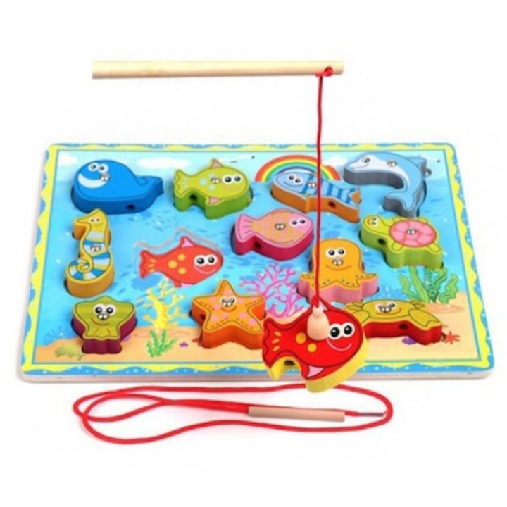 Joc de pescuit magnetic din lemn, snuruit, puzzle incastru