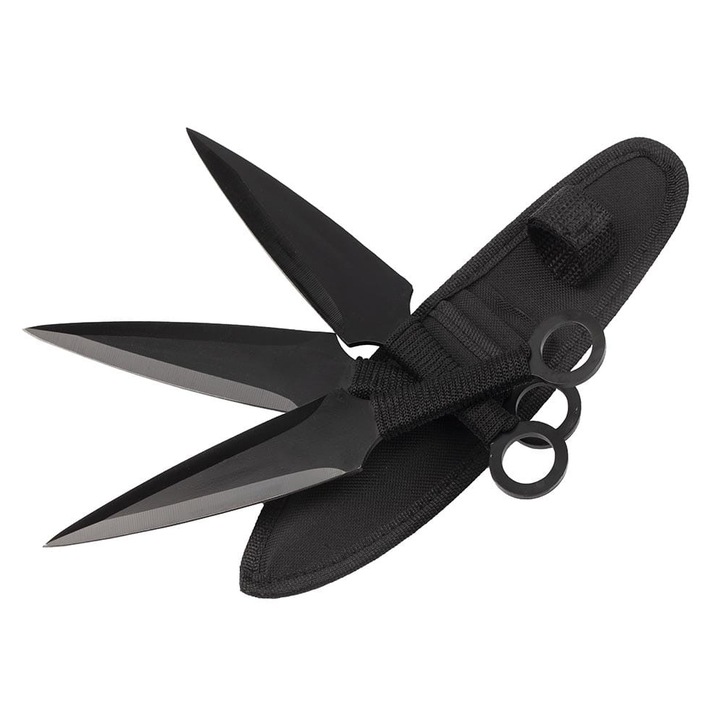 3 db IdeallStore® hajítókés készlet, Óriás Kunai, 23 cm, fekete, burkolattal