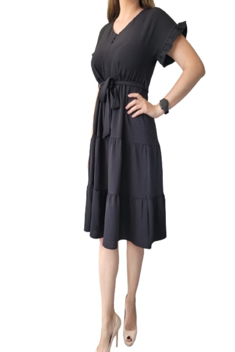 Rochie dama cordon in talie, Bumbac, Negru