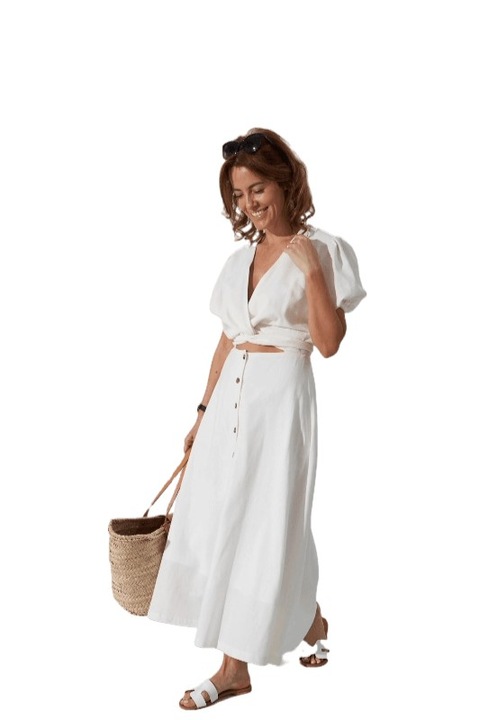 Rochie alba midi din in cu nasturi, Alb