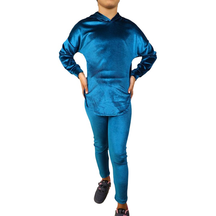 Compleu casual, Zoya Kids, din catifea, cu pantaloni slim si bluza cu gluga, Albastru, Marimea 3-4 ani