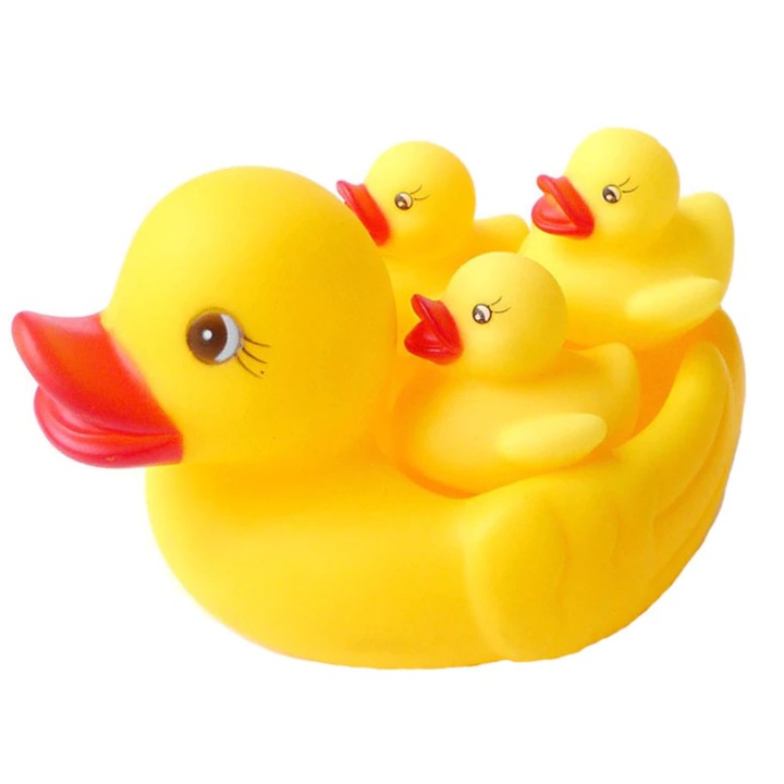 Set 4 Ratuste Mama si 3 Boboci, Familia Duckie Duck cu Chitaitoare pentru Cadita Bebelusului, 10x8x7 Cm, Galben