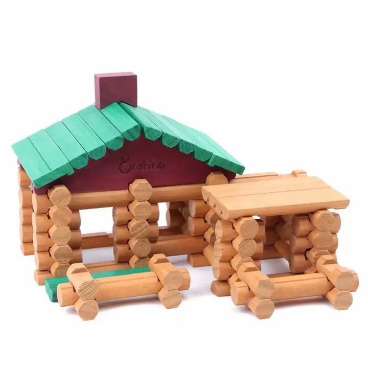 Casuta modulara din busteni de lemn reconstruibila, Onshine, 90 piese, 20 cm x 28 cm x 13 cm